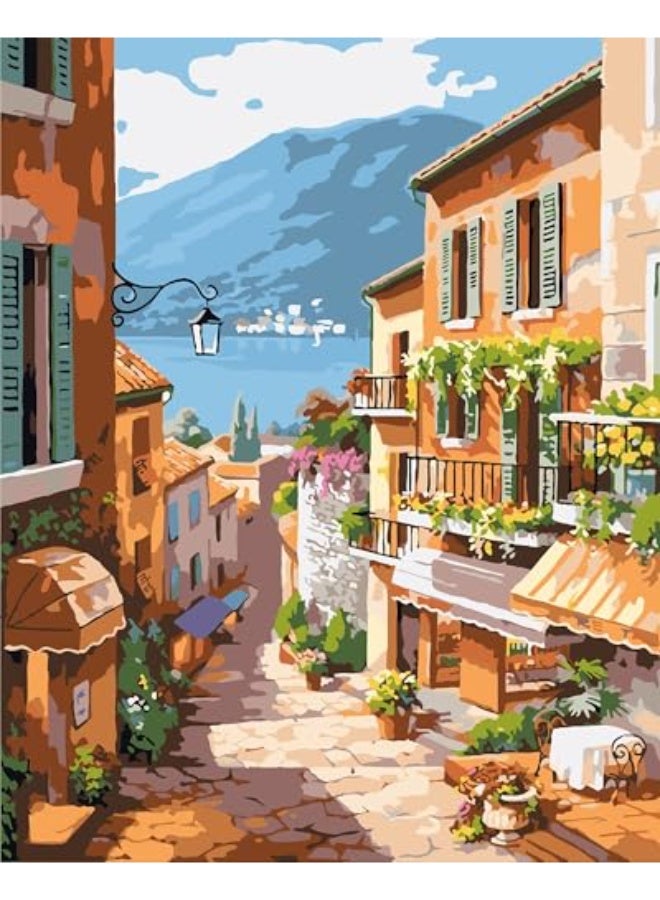 CLENEA مجموعة الرسم بالأرقام للكبار، لوحة أكريليك لمشهد شارع في المدينة على قماش، رسم رقمي سهل للمبتدئين، لوحة جدارية مقاس 16 × 20 بوصة لتزيين المنزل أو كهدية إبداعية - Image 1